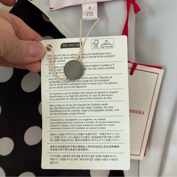 NWT CAROLINA HERRERA Polka Dot Silk Organza Puff Sleeve Dress Black White Size 8 - Picture 6 of 16